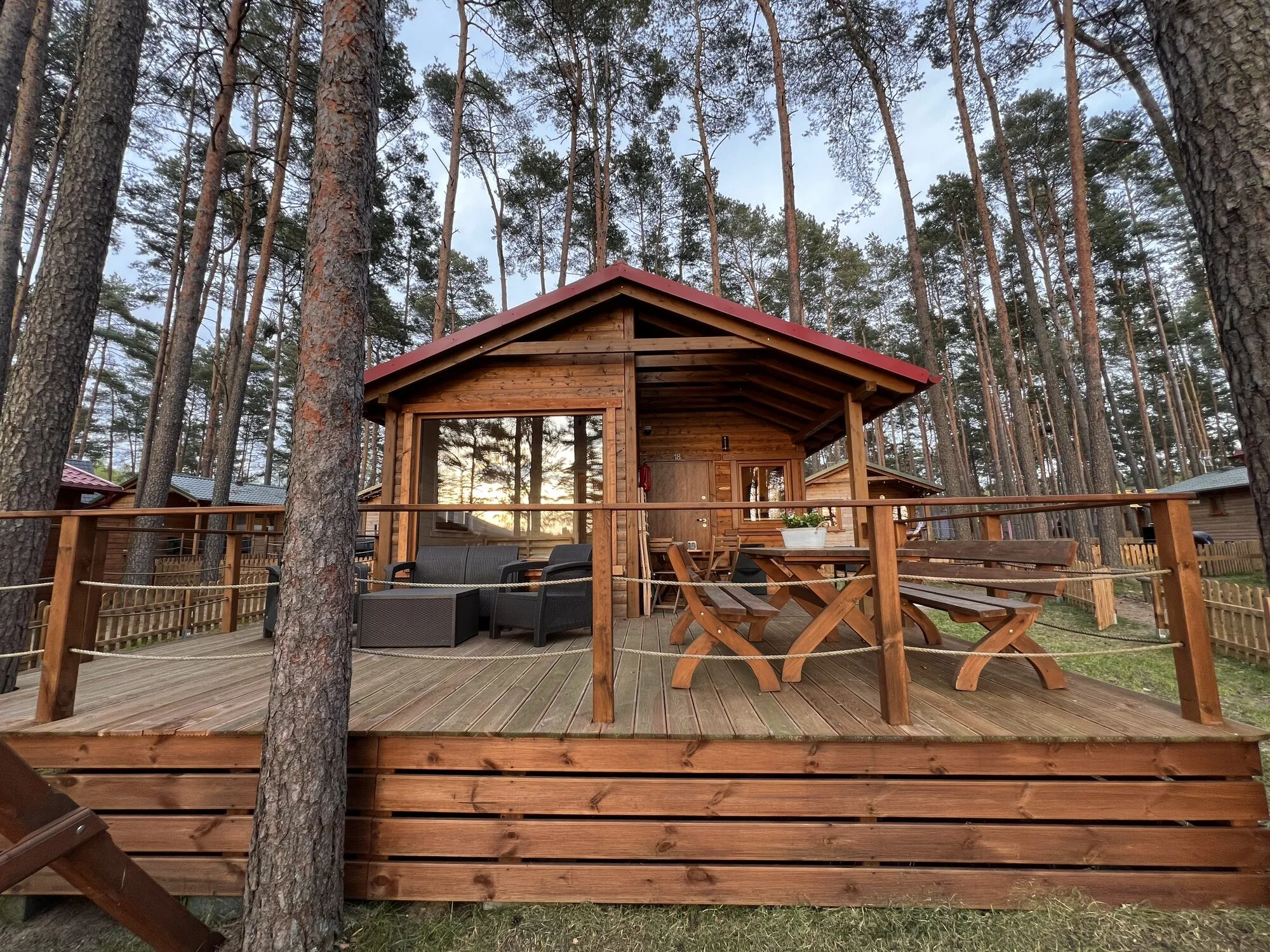 Forest cabin with a covered terrace, dining table and lounge seating in the pine forest